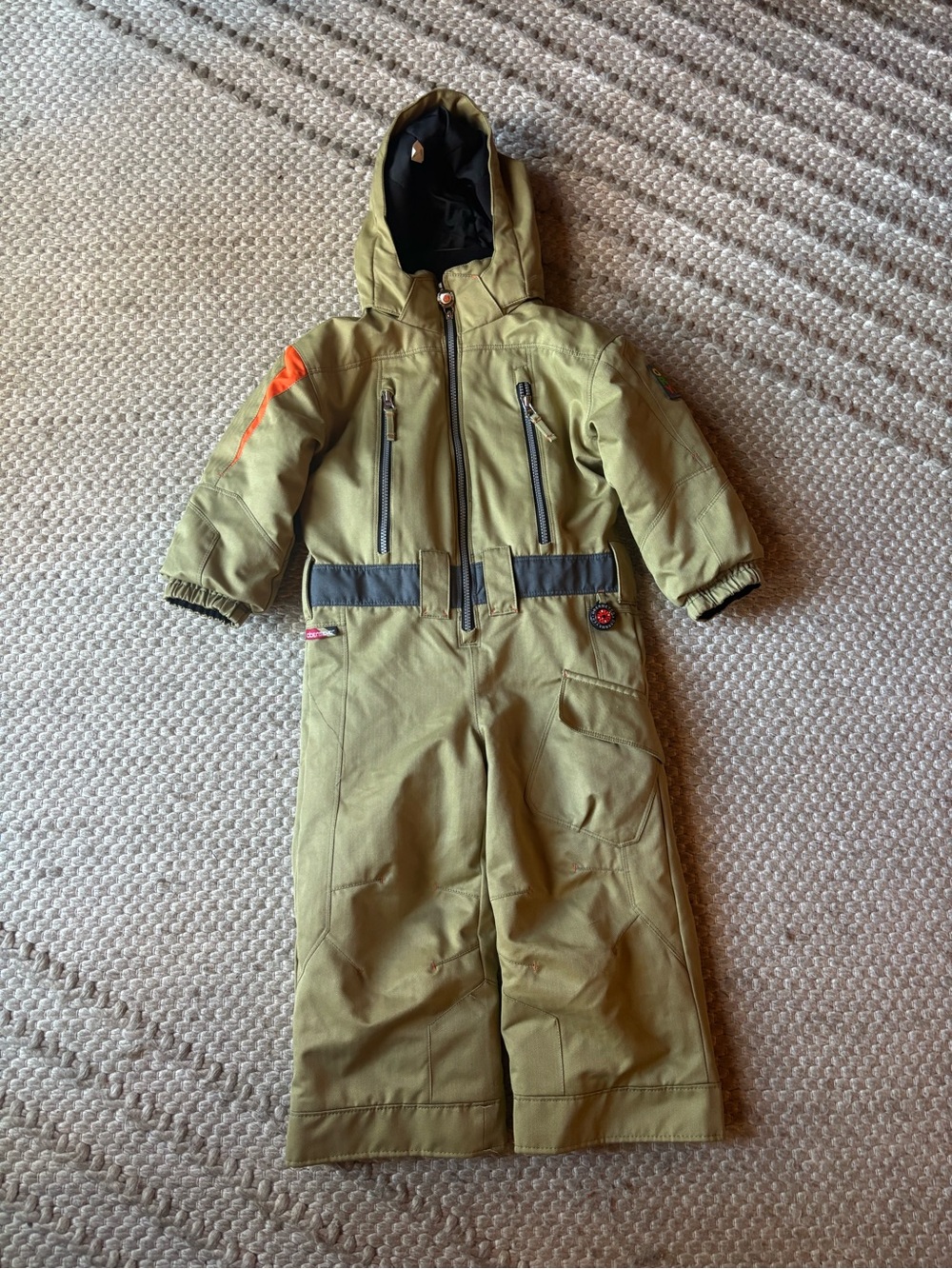 Obermeyer Olive Green Kids Insulated Snow Onesie with Orange Accent